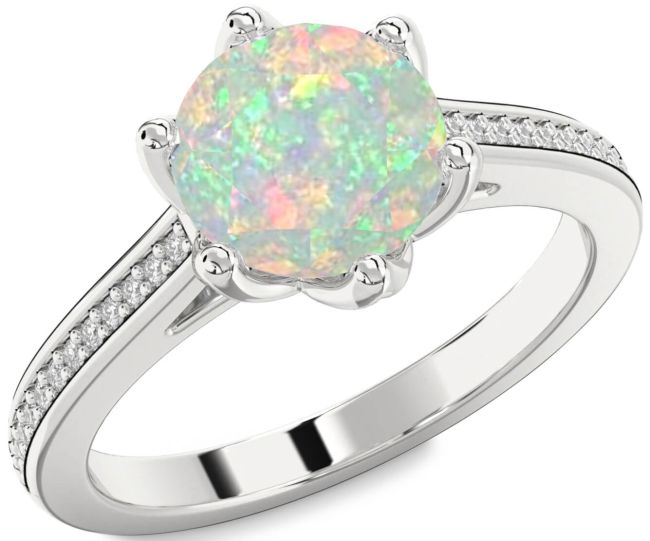 Diamond Opal Silver Round Solitaire Pave Engagement Ring