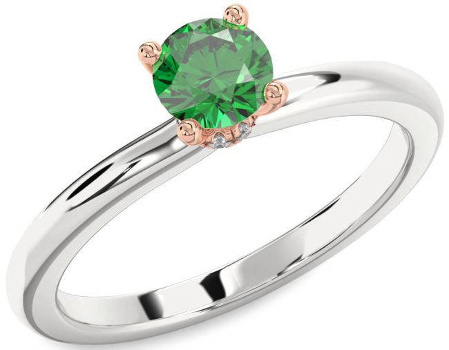 Diamond Emerald Rose Gold Silver Halo Round Solitaire Engagement Ring