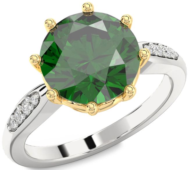 Diamond Emerald Platinum & Yellow Gold Round Solitaire Engagement Ring
