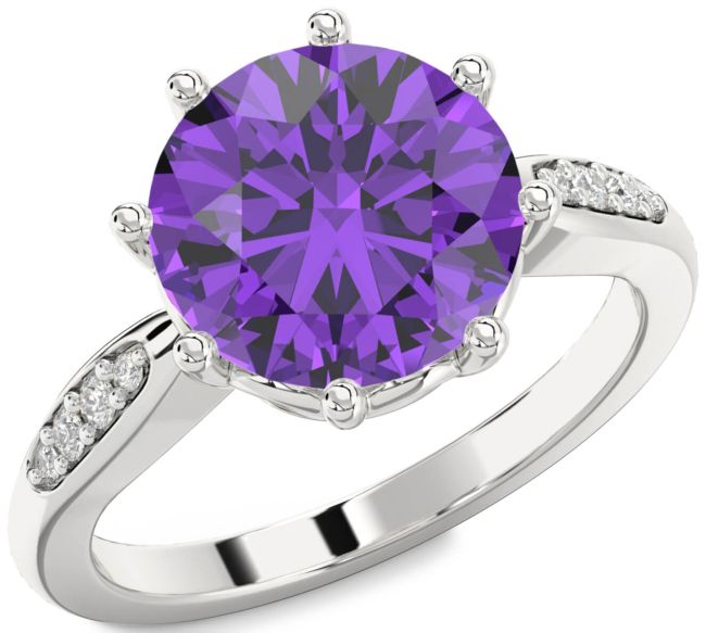 Diamond Amethyst Silver Round Solitaire Engagement Ring