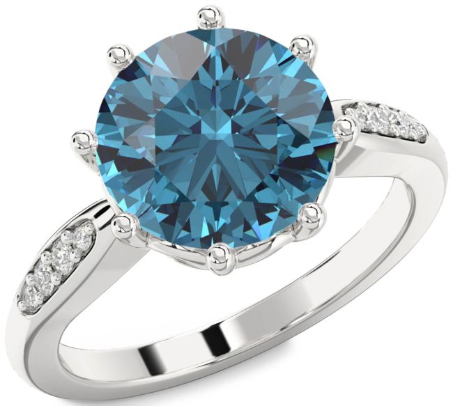 Blue Diamond Silver Round Solitaire Engagement Ring