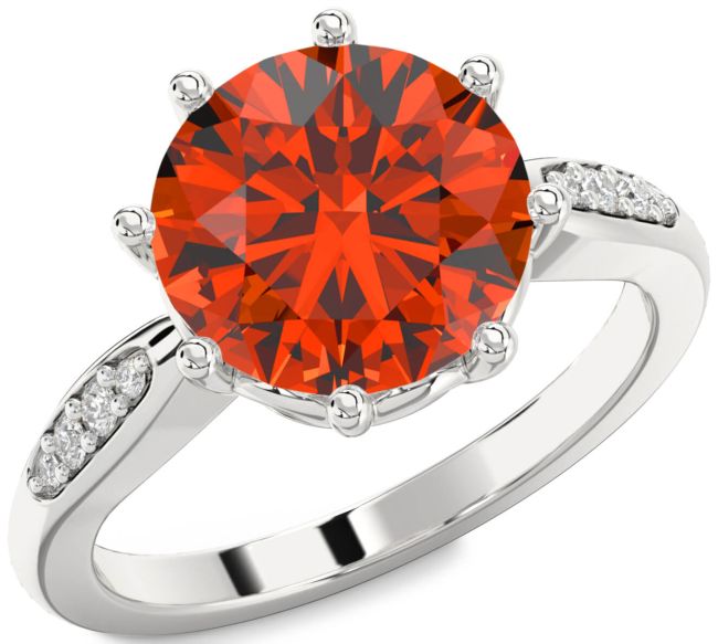 Diamond Fire Opal Silver Round Solitaire Engagement Ring