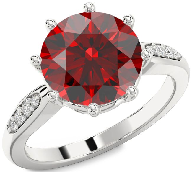 Diamond Garnet Silver Round Solitaire Engagement Ring