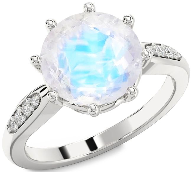 Diamond Moonstone Silver Round Solitaire Engagement Ring