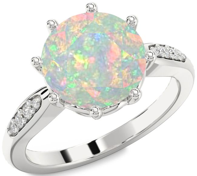 Diamond Opal Silver Round Solitaire Engagement Ring