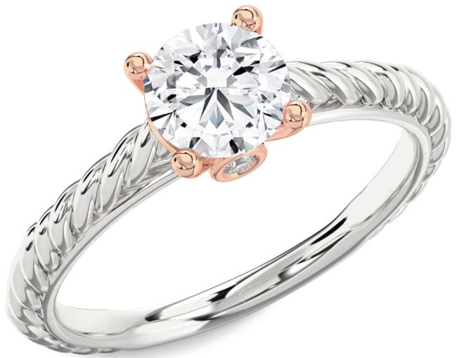 Diamond Rose Gold Silver Knot Round Solitaire Engagement Ring