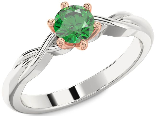 Emerald Silver & 10K Rose Gold Knot Round Solitaire Engagement Ring