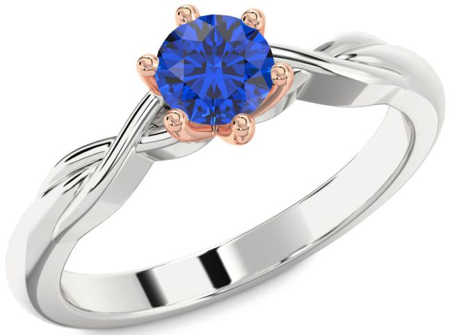 Blue Sapphire White Rose Gold Knot Round Solitaire Engagement Ring