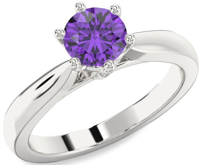 Diamond Amethyst Silver Round Solitaire Engagement Ring
