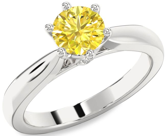 Yellow Diamond Silver Round Solitaire Engagement Ring