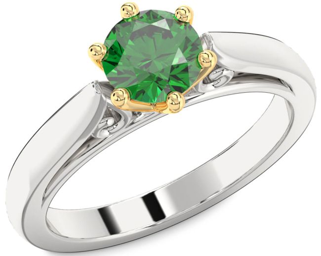 Emerald Gold Silver Round Solitaire Engagement Ring