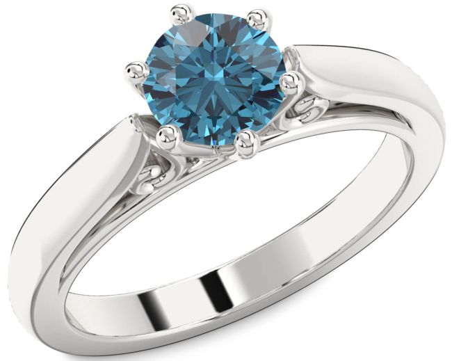 Blue Diamond Silver Round Solitaire Engagement Ring