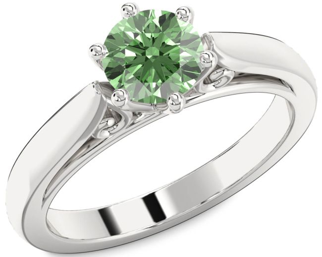 Green Diamond Silver Round Solitaire Engagement Ring