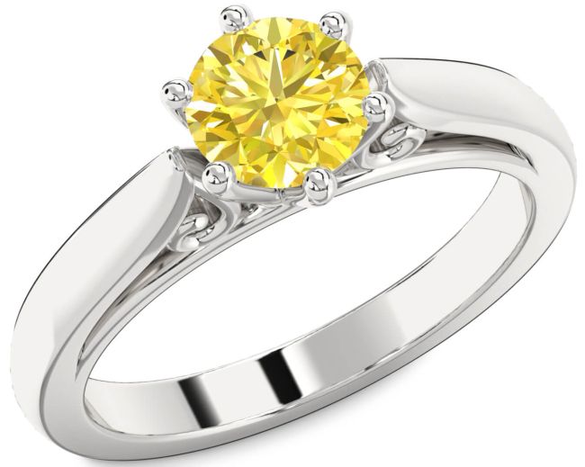 Yellow Diamond Silver Round Solitaire Engagement Ring