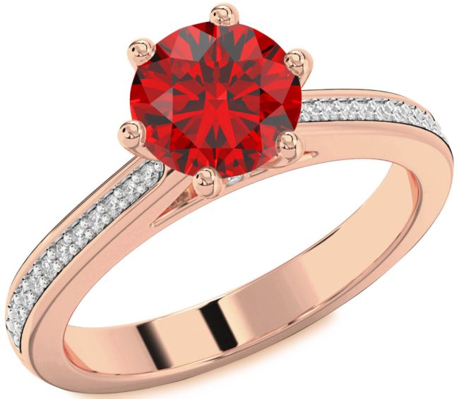 Diamond Ruby Rose Gold Silver Round Solitaire Pave Engagement Ring