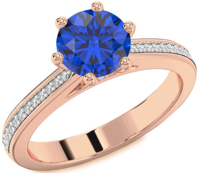 Diamond Blue Sapphire Rose Gold Round Solitaire Pave Engagement Ring