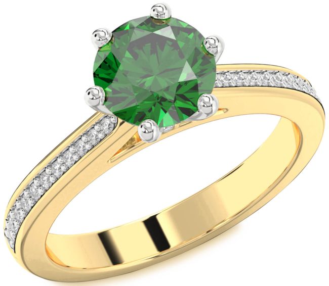 Diamond Emerald Gold Silver Round Solitaire Pave Engagement Ring