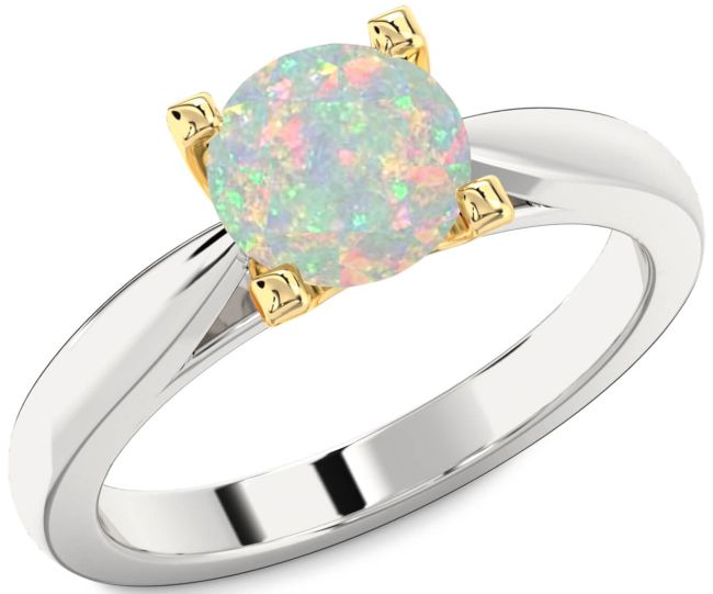 Opal Gold Silver Round Solitaire Engagement Ring