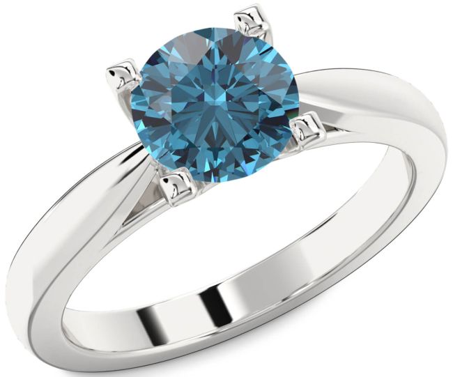 Blue Diamond Silver Round Solitaire Engagement Ring