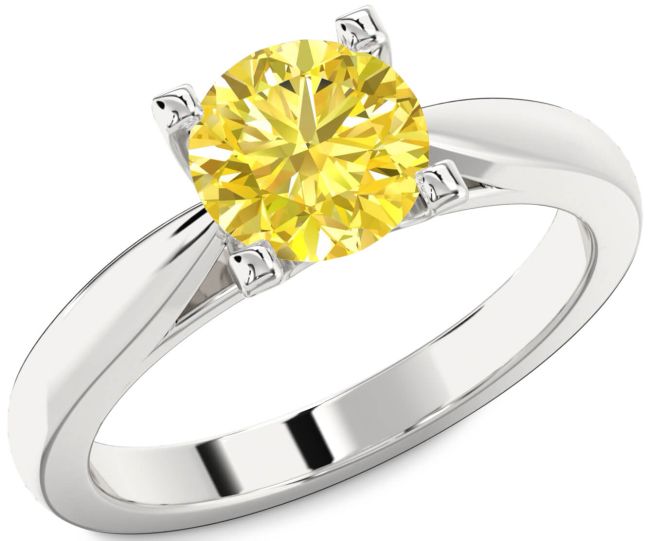 Yellow Diamond Silver Round Solitaire Engagement Ring