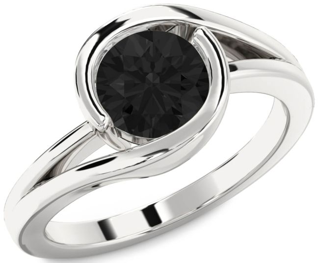 Black Diamond Silver Round Solitaire Engagement Ring