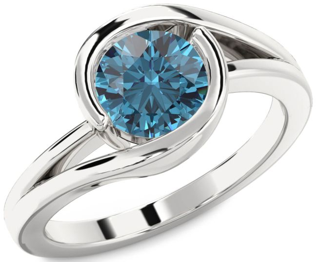 Blue Diamond Silver Round Solitaire Engagement Ring