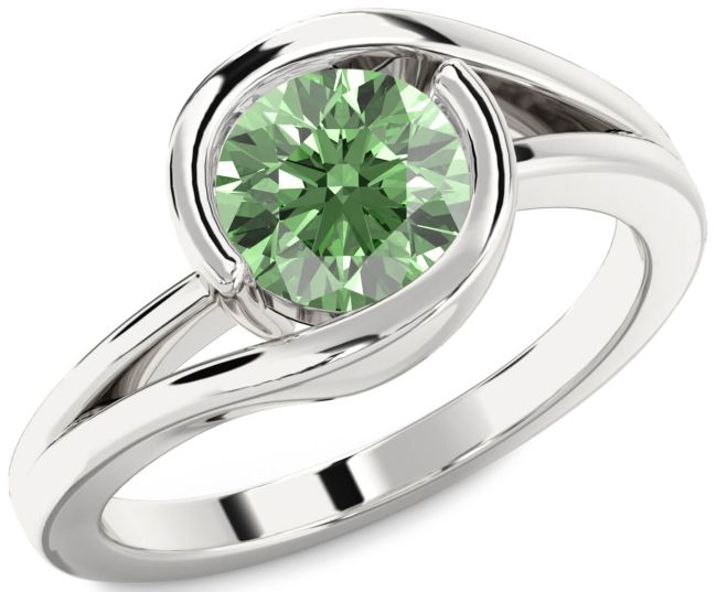 Green Diamond Silver Round Solitaire Engagement Ring