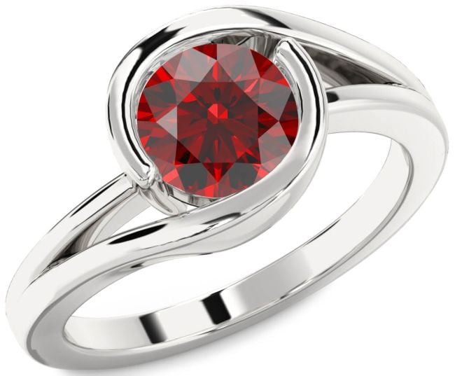 Garnet Silver Round Solitaire Engagement Ring