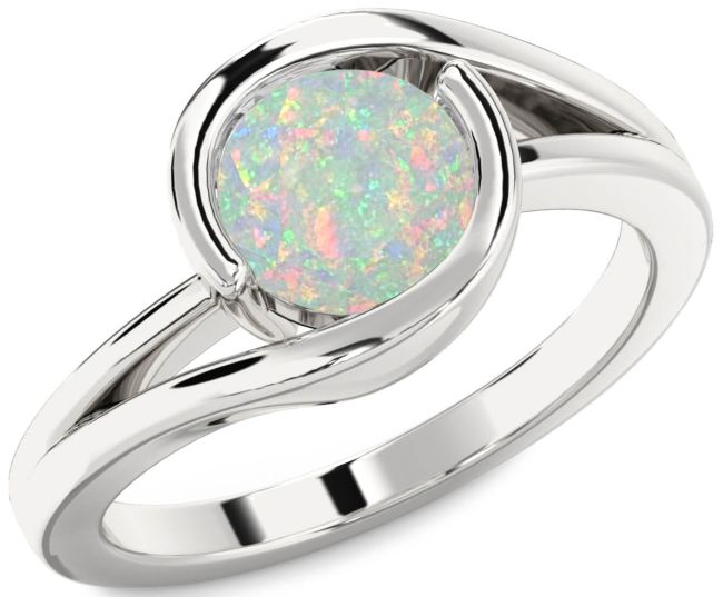 Opal Silver Round Solitaire Engagement Ring
