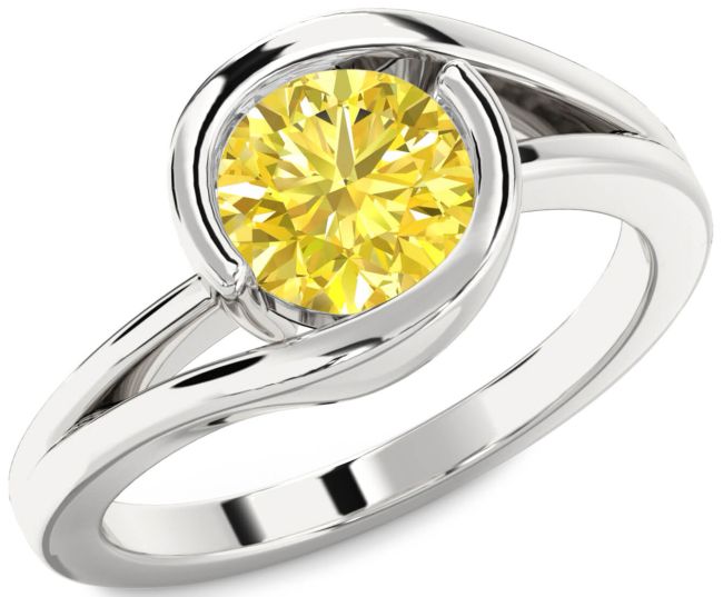 Yellow Diamond Silver Round Solitaire Engagement Ring