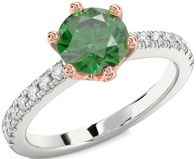 Diamond Emerald Rose Gold Silver Round Solitaire Pave Engagement Ring