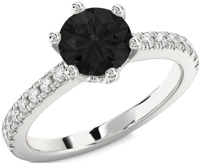 Black Diamond Silver Round Solitaire Pave Engagement Ring