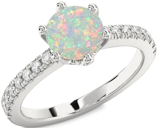 Diamond Opal Silver Round Solitaire Pave Engagement Ring