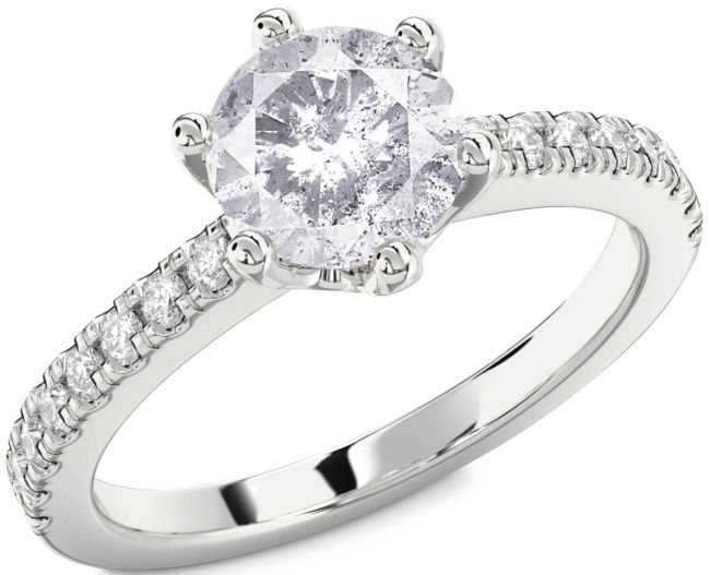 Salt & Pepper Diamond Silver Round Solitaire Pave Engagement Ring