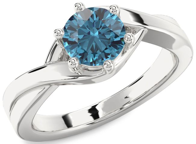 Blue Diamond Silver Round Solitaire Engagement Ring