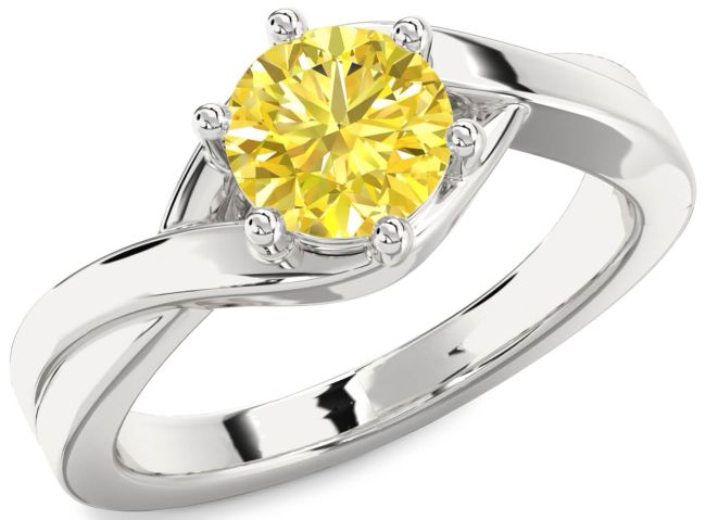 Yellow Diamond Silver Round Solitaire Engagement Ring