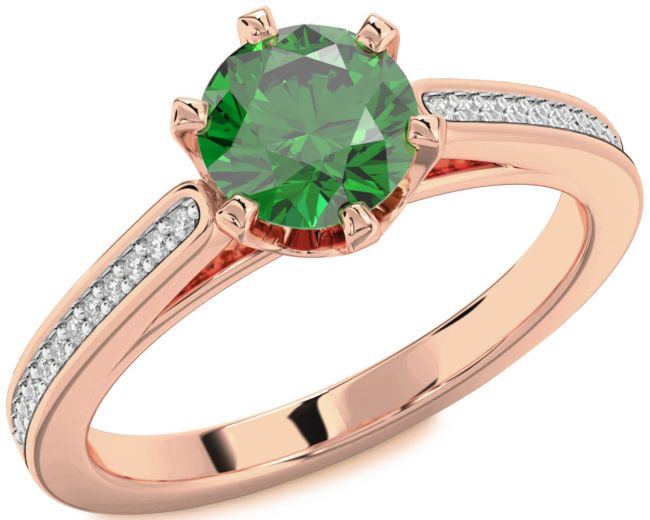 Diamond Emerald Rose Gold Round Solitaire Pave Engagement Ring