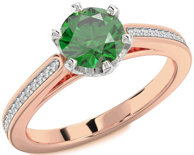 Diamond Emerald White Rose Gold Round Solitaire Pave Engagement Ring