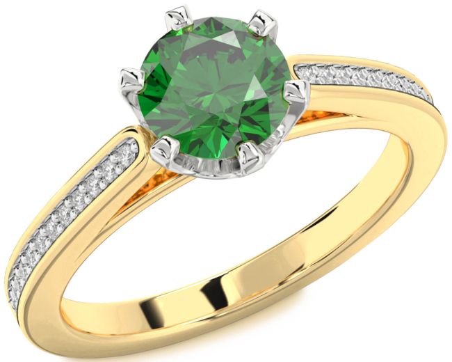 Diamond Emerald White Yellow Gold Round Solitaire Pave Engagement Ring