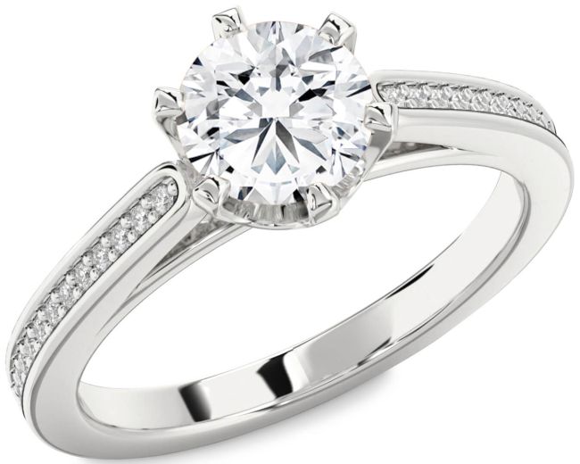 Diamond Silver Round Solitaire Pave Engagement Ring