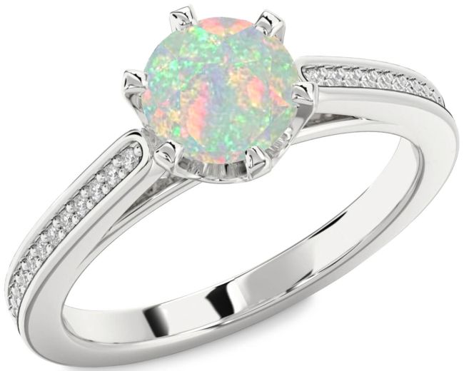 Diamond Opal Silver Round Solitaire Pave Engagement Ring