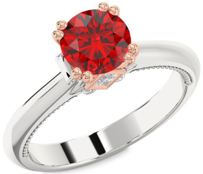 Diamond Ruby White Rose Gold Round Solitaire Engagement Ring