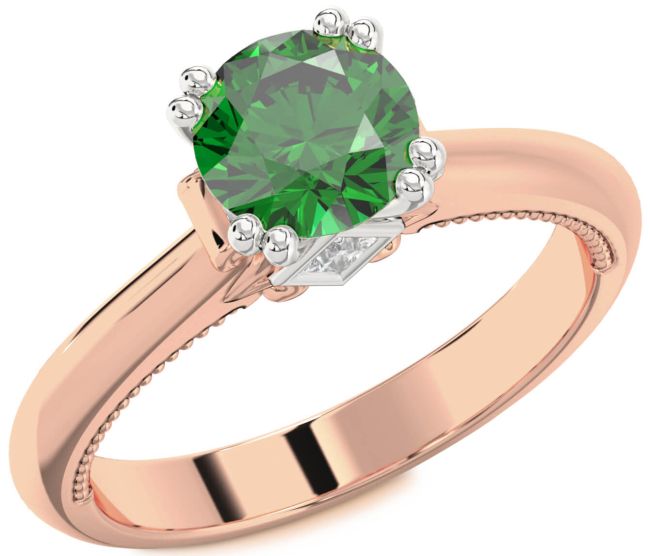 Diamond Emerald Rose Gold Silver Round Solitaire Engagement Ring