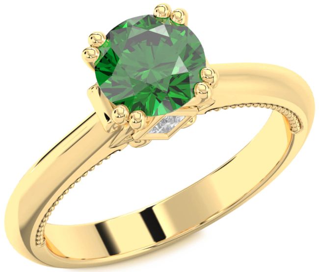 Diamond Emerald Gold Round Solitaire Engagement Ring