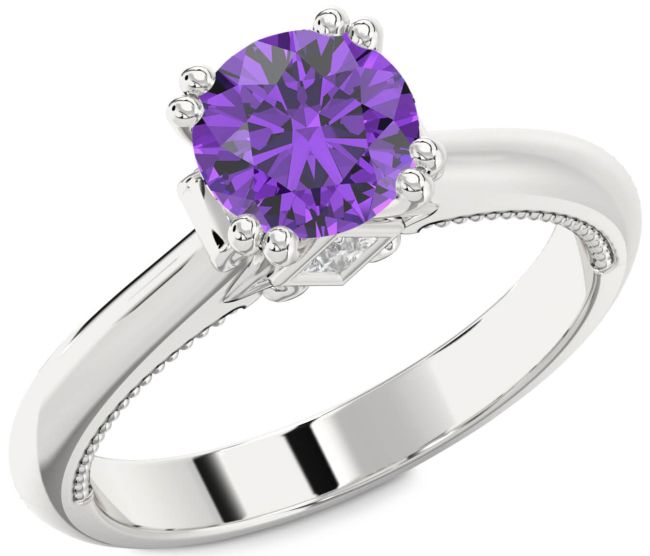 Diamond Amethyst Silver Round Solitaire Engagement Ring