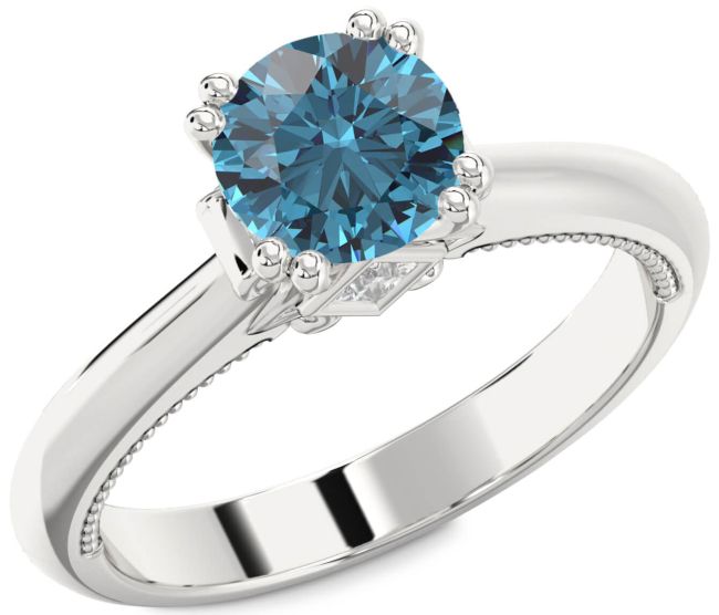 Blue Diamond Silver Round Solitaire Engagement Ring