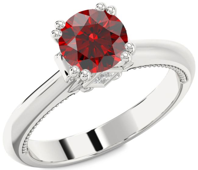 Diamond Garnet Silver Round Solitaire Engagement Ring