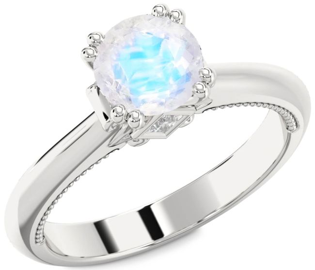 Diamond Moonstone Silver Round Solitaire Engagement Ring