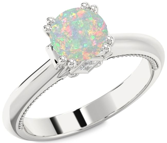 Diamond Opal Silver Round Solitaire Engagement Ring