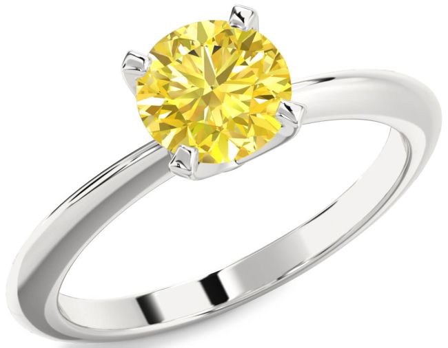 Yellow Diamond Silver Round Solitaire Engagement Ring